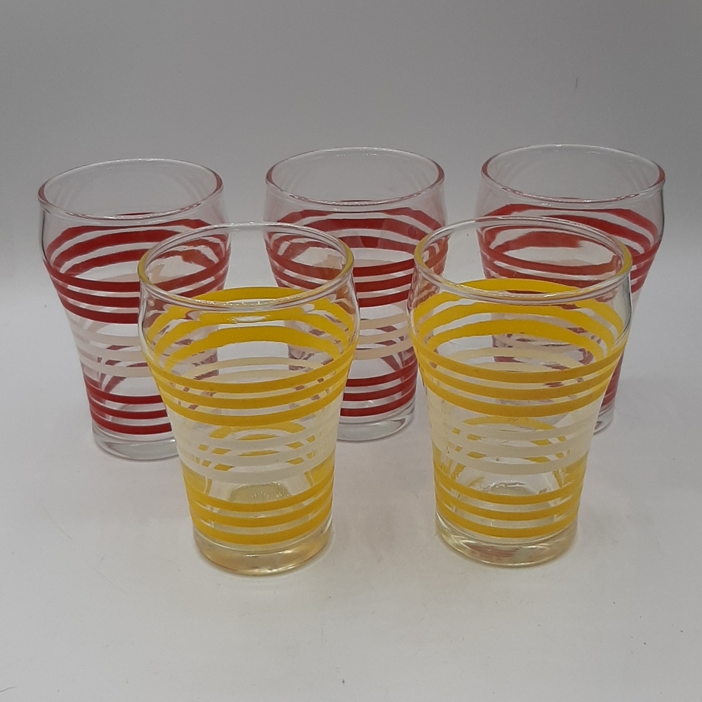 Vintage Dominion Glass Striped Juice Glasses 1960s Set of 5 Red and Yellow Rare